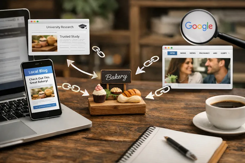 A bakery website displayed on a computer screen at the center, with colorful arrows and link symbols radiating outward to various sources including blogs, directories, social media platforms, and partner websites, illustrating how backlinks from multiple channels connect to and boost the bakery business online. The overall tone is positive and encouraging, showing interconnectedness and growth. Image generated by AI