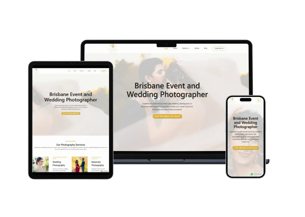Mockup of SujaysPhotography Website built by Sevinu Brisbane web design and Development agency showing responsive web design. The website is displayed on a laptop, a tablet, and a mobile phone.