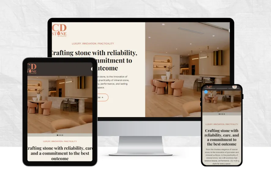 Mockup of CD Stone Website built by Sevinu Brisbane web design and Development agency showing responsive web design. The website is displayed on a laptop, a tablet, and a mobile phone.