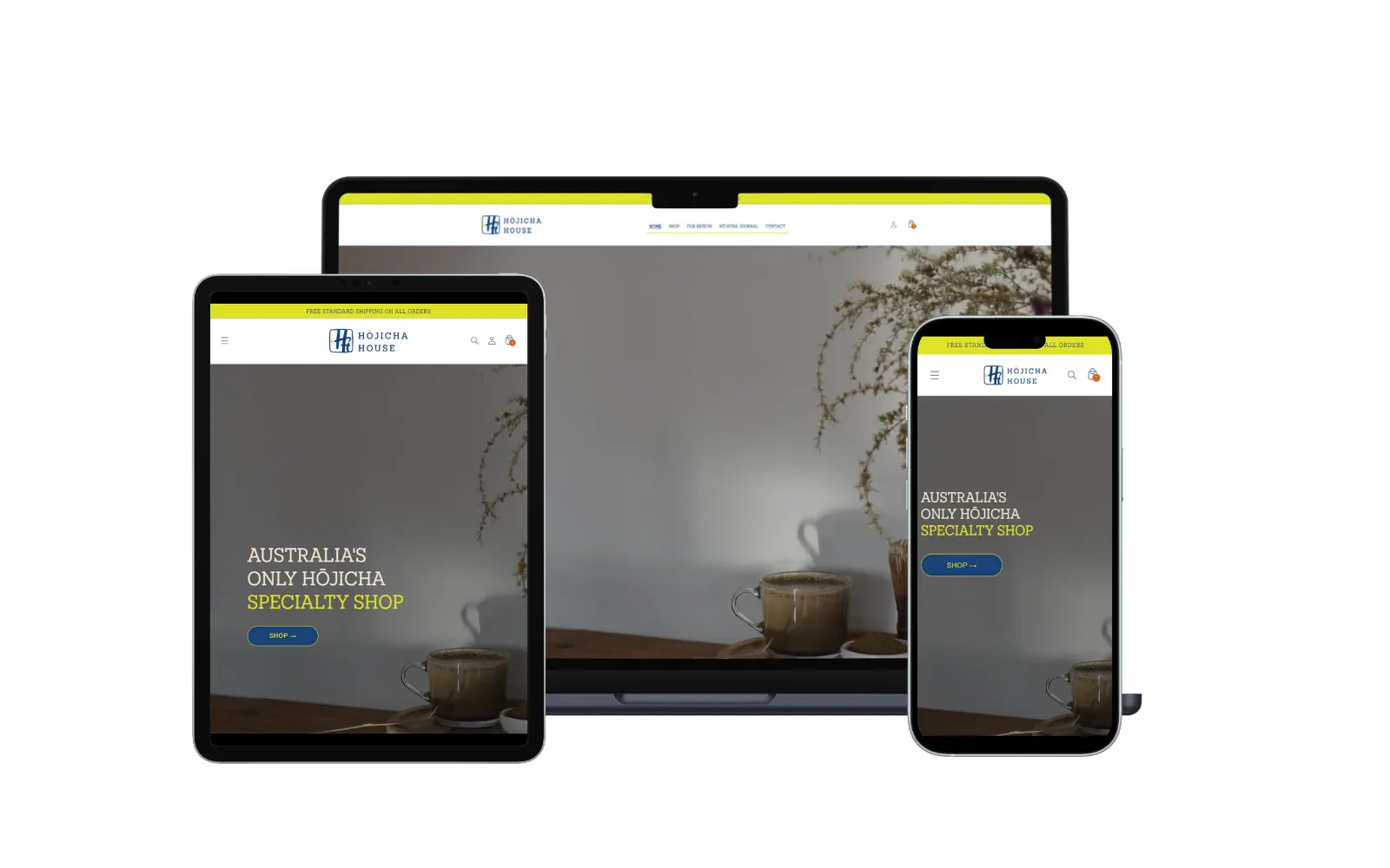 Mockup of Hojicha House Website built by Sevinu Brisbane web design and Development agency showing responsive web design. The website is displayed on a laptop, a tablet, and a mobile phone.