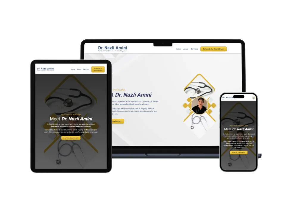 Mockup of Dr. Nazli Amini's Website built by Sevinu Brisbane web design and Development agency showing responsive web design. The website is displayed on a laptop, a tablet, and a mobile phone.